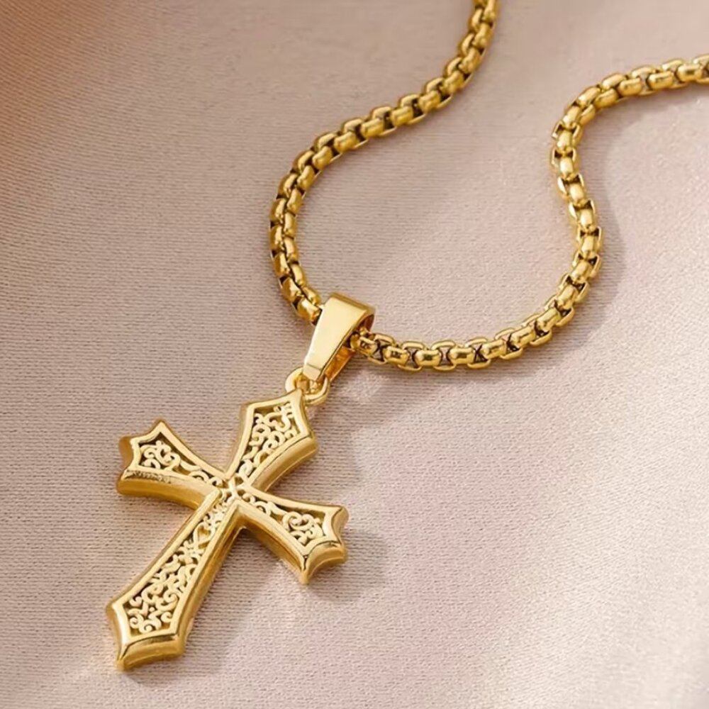 14K Gold Mens 24" Chain Link Cross Necklace Guys Christian Silver Jewelry